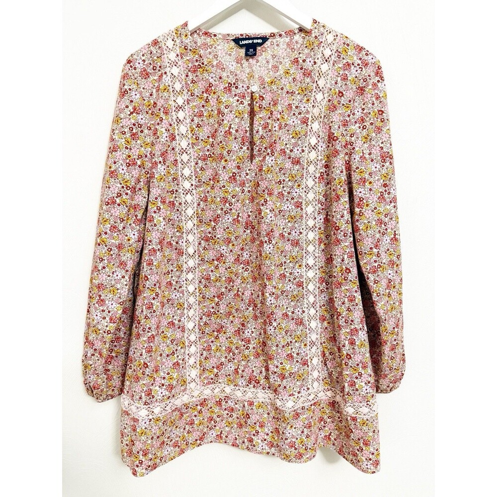 Lands' End Women's Cotton Tunic Top Ditsy Floral Long Sleeve w/ Lace Detail 2X - Picture 5 of 15